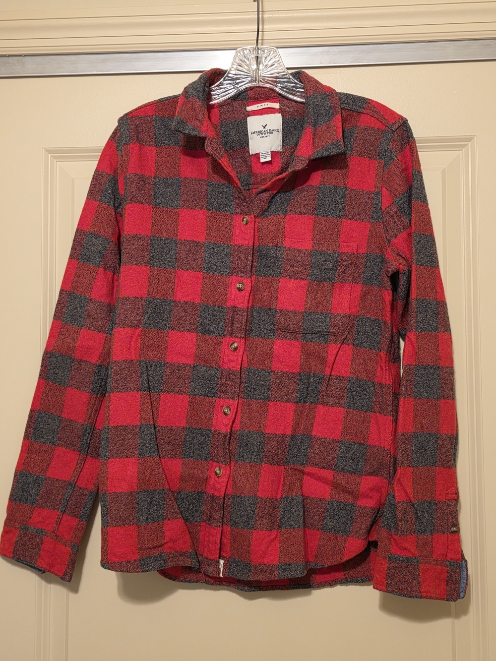 American Eagle Outfitters Red & Gray Plaid Button-Down Shirt